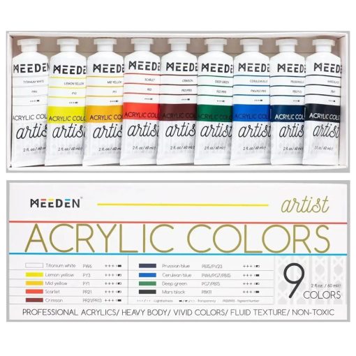 Akrilfesték készlet - MEEDEN Heavy Body Acrylic Paint Set, 9 Vibrant Colors 9x60 ml - Alapszínek