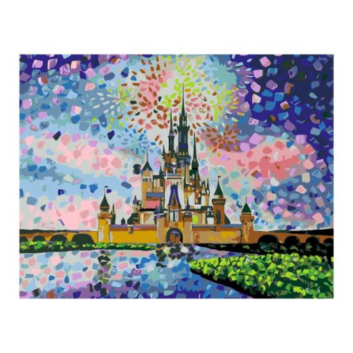 Számozott kifestő készlet vászonra 35x45 cm - Akrilfestékkel, ecsetekkel, felnőtteknek - Disney Kastély