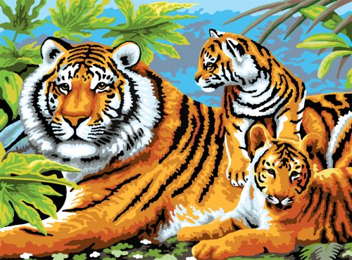 Kifestő készlet akrilfestékkel, ecsettel, gyerekeknek 11 éves kortól - 30x40 cm - Tigris és kölykei