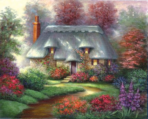 Kifestő készlet vászonra, akrilfestékkel, ecsettel, felnőtteknek - 28x36 cm - Régi házikó