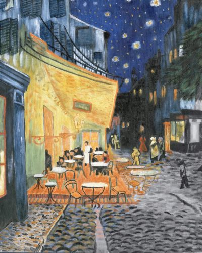 Kifestő készlet vászonra, akrilfestékkel, ecsettel, felnőtteknek - 28x36 cm - Kávéházi terasz (Van Gogh: Éjjeli terasz, 1888)