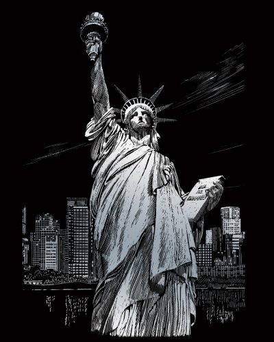 Képkarcoló készlet karctűvel - 20x25 cm - Ezüst - Szabadság szobor New York