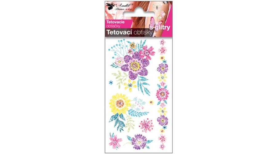 Tetováló matrica 10,5*6cm, glitteres virágok AN16015